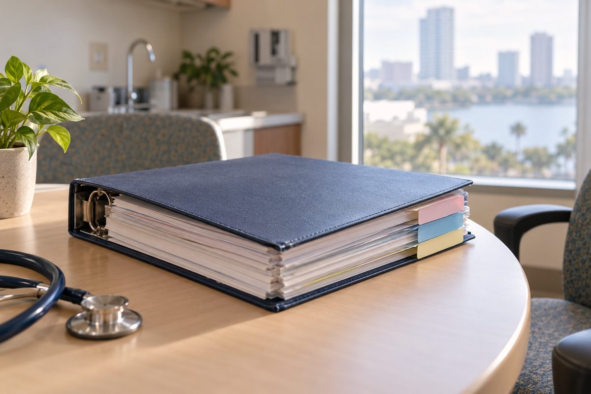Patient navigation records binder with divided sections for surgical and radiation records.